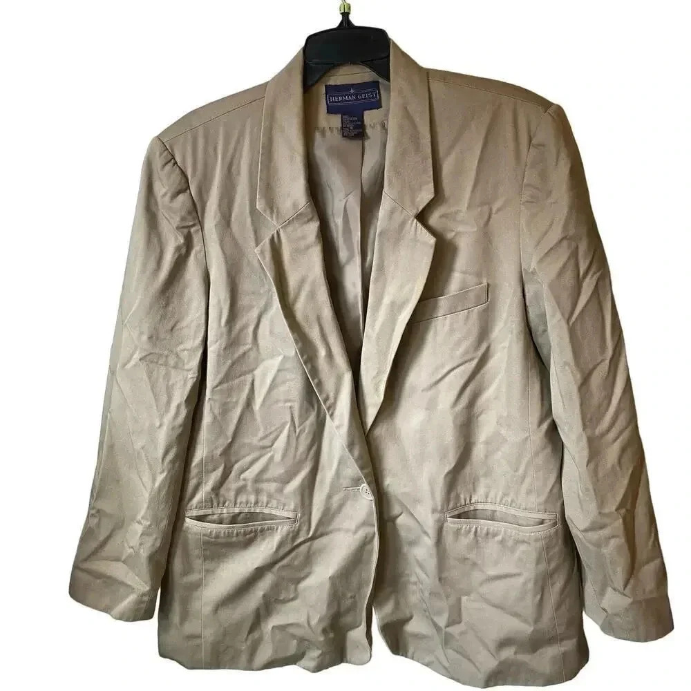 Herman Geist 100% cotton Women 1 Button blazer size 16 Beige Pockets
